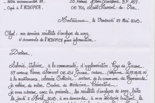 lettre à Médecine du Travail 1